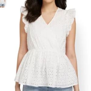 NEW New York & Company NY&CO  Cotton White Eyelet Flutter-Sleeve Peplum Top M